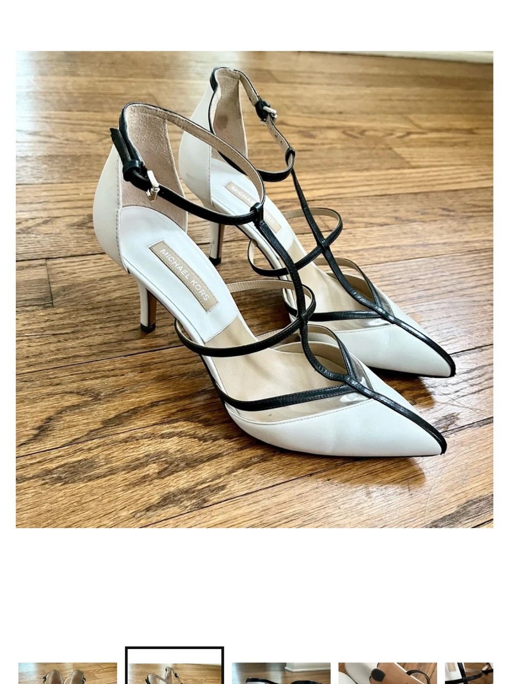 Michael Kors 39 Elegant Two-Tone White and Black Pointed T-Strap Women's Heels - Picture 2 of 2